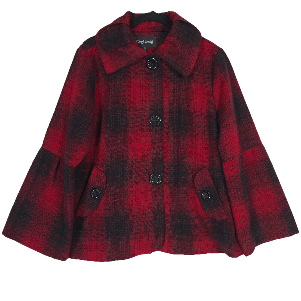 Oleg Cassini Womens WOOL Blend Jacket MEDIUM Buffalo Bell Sleeve Red Black Plaid